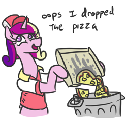 Size: 520x491 | Tagged: safe, artist:jargon scott, princess cadance, alicorn, pony, bipedal, cadance's pizza delivery, clothes, dialogue, female, food, hat, hoof hold, into the trash it goes, looking back, mare, oops, open mouth, pineapple, pineapple pizza, pizza, simple background, smiling, solo, trash can, uniform, white background