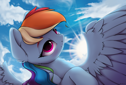 Size: 3701x2483 | Tagged: safe, alternate version, artist:hitbass, rainbow dash, pegasus, pony, backlighting, cheek fluff, chest fluff, cloud, crepuscular rays, cute, dashabetes, ear fluff, female, high res, leg fluff, looking at you, mare, smiling, solo, spread wings, sun, wing fluff, wings