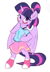 Size: 910x1293 | Tagged: safe, artist:luciferamon, twilight sparkle, twilight sparkle (alicorn), alicorn, semi-anthro, alternate hairstyle, bipedal, clothes, cute, ear fluff, female, glasses, mare, moe, off shoulder, ponytail, raised hoof, shirt, shoes, simple background, skirt, smiling, socks, solo, twiabetes, white background