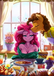 Size: 1979x2800 | Tagged: safe, artist:fidzfox, cheese sandwich, pinkie pie, anthro, earth pony, apron, bedroom eyes, blushing, bread, breasts, cheesepie, cleavage, clothes, egg, female, floppy ears, flower, food, fork, groggy, heart, husband and wife, kiss on the head, kissing, male, mare, married couples doing married things, music notes, off shoulder, pastry, pie, pinkie pies, radio, shipping, sleepy, stallion, straight, window