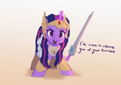 Size: 2891x2033 | Tagged: safe, artist:vanillaghosties, twilight sparkle, unicorn twilight, pony, unicorn, armor, clothes, cosplay, costume, crossover, cute, dialogue, female, glowing horn, horn, levitation, looking at you, magic, mare, she-ra, solo, sword, talking to viewer, telekinesis, twiabetes, weapon