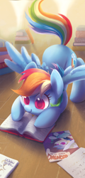 Size: 874x1819 | Tagged: safe, artist:dawnfire, daring do, rainbow dash, pegasus, pony, book, colored pupils, cute, dashabetes, face down ass up, female, happy, mare, pounce, raised tail, reading, signature, smiling, solo, spread wings, tail, wooden floor
