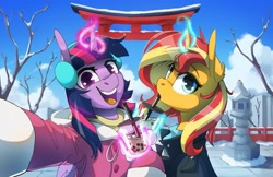 Size: 4096x2650 | Tagged: safe, artist:anticular, sunset shimmer, twilight sparkle, twilight sparkle (alicorn), alicorn, pony, unicorn, bubble tea, clothes, cold, cup, cute, drink, drinking, drinking straw, duo, ear fluff, earmuffs, female, glowing horn, high res, horn, jacket, japan, looking at you, magic, mare, open mouth, selfie, smiling, snow, telekinesis, winter, winter outfit