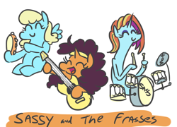 Size: 810x582 | Tagged: safe, artist:jargon scott, saffron masala, sassaflash, sassy saddles, pony, band, colored sketch, cute, drums, guitar, long neck, musical instrument, sassy, simple background, tambourine, white background