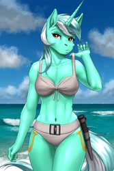 Size: 4000x6000 | Tagged: safe, alternate version, artist:mykegreywolf, lyra heartstrings, anthro, unicorn, absurd resolution, belly button, bikini, bond girl, breasts, cleavage, clothes, cloud, cutie mark, dr. no, female, honey ryder, james bond, knife, mare, midriff, ocean, sky, solo, swimsuit, ursula andress