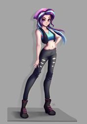 Size: 706x1000 | Tagged: safe, artist:the-park, starlight glimmer, equestria girls, breasts, cleavage, female, human coloration, midriff, ripped pants, simple background, solo