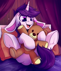 Size: 1500x1750 | Tagged: safe, artist:shadowreindeer, oc, oc:lapush buns, adorkable, bed, cute, dork, happy, hoof hold, male, open mouth, pillow, smiling, solo, stallion, teddy bear, underhoof