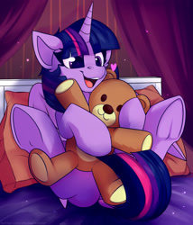 Size: 1500x1750 | Tagged: safe, artist:shadowreindeer, twilight sparkle, twilight sparkle (alicorn), alicorn, pony, bed, cute, female, happy, heart, leaning back, mare, on bed, open mouth, sitting, smiling, solo, teddy bear, twiabetes, underhoof