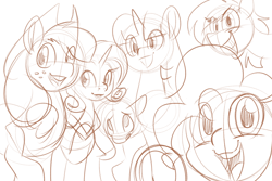 Size: 1200x800 | Tagged: safe, artist:goat train, applejack, fluttershy, pinkie pie, rainbow dash, rarity, twilight sparkle, earth pony, pegasus, pony, unicorn, mane six, monochrome, sketch