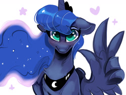 Size: 1600x1200 | Tagged: safe, artist:colorfulcolor233, princess luna, alicorn, pony, blushing, bust, chest fluff, cute, ear fluff, eyebrows visible through hair, female, floppy ears, heart, horn, looking at you, lunabetes, mare, simple background, smiling, solo, starry eyes, stars, white background, wing hands, wingding eyes, wings