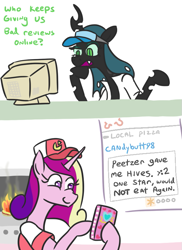Size: 589x808 | Tagged: safe, artist:jargon scott, princess cadance, queen chrysalis, alicorn, changeling, changeling queen, pony, cadance's pizza delivery, fire, food, irony, love bug pizza, oven, peetzer, pizza, review, trolling