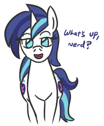 Size: 353x428 | Tagged: safe, artist:jargon scott, gleaming shield, shining armor, pony, unicorn, bedroom eyes, both cutie marks, dialogue, female, lidded eyes, looking at you, open mouth, rule 63, simple background, smiling, solo, talking to viewer, white background, wide hips