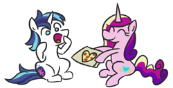 Size: 613x314 | Tagged: safe, artist:jargon scott, princess cadance, shining armor, alicorn, pony, unicorn, cadance's pizza delivery, cute, cutedance, eyes closed, female, food, hearts and hooves day, male, open mouth, peetzer, pizza, shining adorable, shiningcadance, shipping, simple background, sitting, straight, true love, valentine's day, white background
