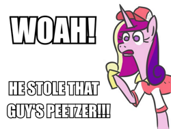 Size: 662x500 | Tagged: safe, artist:jargon scott, princess cadance, alicorn, pony, cadance's pizza delivery, image macro, meme, open mouth, peetzer, raised hoof, simple background, solo, spider-man 2, white background