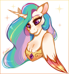 Size: 659x709 | Tagged: safe, artist:esmeia, princess celestia, alicorn, pony, bust, chest fluff, colored ears, colored wings, cute, cutelestia, female, mare, peytral, portrait, simple background, solo, sparkles, two toned wings, white background, wings