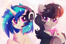 Size: 2449x1632 | Tagged: safe, artist:mirtash, dj pon-3, octavia melody, vinyl scratch, earth pony, pony, unicorn, bowtie, clothes, cute, duo, eye clipping through hair, female, grin, headphones, headset, hooves, horn, mare, smiling