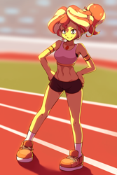 Size: 2000x3000 | Tagged: safe, artist:rockset, sunset shimmer, equestria girls, alternate hairstyle, armband, beautiful, belly button, clothes, confident, female, geode of empathy, hands on hip, high res, magical geodes, midriff, ponytail, race track, running shorts, sexy, shoes, shorts, smiling, smiling at you, sneakers, socks, solo, sports bra, sports shorts, tanktop