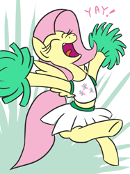 Size: 647x866 | Tagged: safe, artist:jargon scott, fluttershy, pegasus, pony, cheerleader, clothes, cute, midriff, pleated skirt, pom pom, skirt, solo, yay