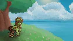 Size: 1920x1080 | Tagged: safe, artist:rockset, tree hugger, cloud, raised hoof, scenery, solo, tree