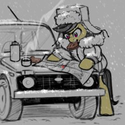 Size: 1000x1000 | Tagged: safe, artist:amishy, daring do, car, lada, lada niva, map, snow, solo, tabun art-battle, winter