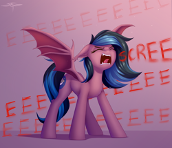 Size: 3000x2565 | Tagged: safe, artist:setharu, oc, oc only, oc:stormy night, bat pony, abstract background, adorable distress, bat pony oc, bat wings, chest fluff, cute, ear fluff, ear tufts, eeee, eyes closed, fangs, female, floppy ears, leg fluff, mare, open mouth, reeee, screaming, skree, solo, tongue out, wings