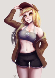 Size: 706x1000 | Tagged: safe, artist:the-park, derpy hooves, human, adorasexy, armpits, baseball cap, belly button, breasts, cap, cleavage, clothes, cute, derpy loaves, female, hat, human coloration, humanized, jacket, long hair, midriff, sexy, shorts, simple background, solo, tanktop, thigh gap