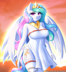 Size: 1459x1600 | Tagged: safe, alternate version, artist:twistedscarlett60, princess celestia, alicorn, anthro, beautisexy, breasts, clothes, crown, dress, eyebrows, eyebrows visible through hair, eyeshadow, female, jewelry, lingerie, looking at you, makeup, mare, pink eyeshadow, princess breastia, regalia, sexy, side slit, smiling, smiling at you, solo, stupid sexy celestia, sunrise