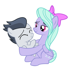 Size: 5584x5555 | Tagged: safe, artist:lunaticdawn, flitter, rumble, pegasus, pony, absurd resolution, bow, colt, cute, eyes closed, female, foal, holding a pony, male, mare, rumblebetes, simple background, smiling, transparent background
