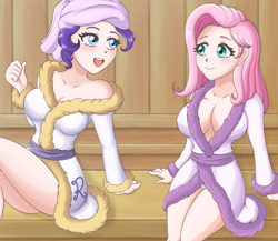 Size: 1500x1300 | Tagged: safe, artist:feudal-fiction, fluttershy, rarity, human, absolute cleavage, bathrobe, big breasts, blushing, breasts, cleavage, clothes, hootershy, humanized, open mouth, panties, raritits, robe, sauna, spa, underwear, white underwear