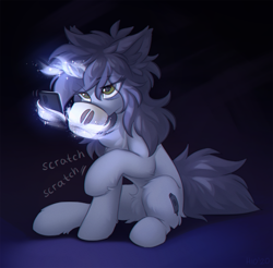 Size: 1280x1258 | Tagged: safe, artist:hioshiru, oc, oc only, oc:kate, pony, unicorn, blue background, chest fluff, coffee, ear fluff, female, fluffy, horn, magic, mare, phone, scratching, simple background, sitting, solo, tired
