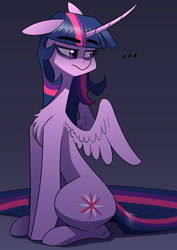 Size: 2480x3508 | Tagged: safe, artist:underpable, twilight sparkle, twilight sparkle (alicorn), alicorn, pony, ..., alternate cutie mark, chest fluff, curved horn, female, floppy ears, gradient background, high res, horn, mare, sitting, solo, spread wings, wings