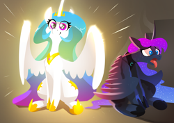 Size: 3508x2480 | Tagged: safe, artist:underpable, princess celestia, princess luna, alicorn, pony, crown, cute, cutelestia, duo, duo female, female, floppy ears, frown, glow, glowing wings, happiness, happy, heat, hot, jewelry, light, lineless, majestic, mare, open mouth, regalia, royal sisters, shrunken pupils, siblings, sisters, sitting, smiling, spread wings, sunshine, sweat, tongue out, wide eyes, wings, worried