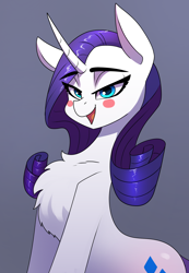 Size: 2480x3580 | Tagged: safe, artist:underpable, rarity, pony, unicorn, bedroom eyes, blush sticker, blushing, chest fluff, curved horn, female, gradient background, horn, looking at you, mare, open mouth, simple background, smiling, solo