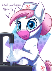 Size: 1500x1974 | Tagged: safe, artist:tsitra360, nurse redheart, earth pony, pony, bipedal, coronavirus, covid-19, dialogue, face mask, faucet, female, hat, heart, looking at you, mare, nurse hat, public service announcement, soap, solo, surgical mask, talking to viewer, water