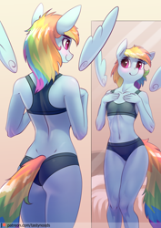 Size: 848x1200 | Tagged: safe, alternate version, artist:chrysalisdraws, rainbow dash, anthro, pegasus, adorasexy, blushing, bra, breasts, clothes, crop top bra, cute, dashabetes, delicious flat chest, female, floating wings, gray underwear, looking at self, mare, mirror, panties, patreon, patreon logo, rainbow flat, sexy, smiling, solo, underwear, wings