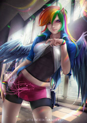 Size: 848x1200 | Tagged: safe, artist:axsens, rainbow dash, human, equestria girls, beautiful, chromatic aberration, clothes, compression shorts, eared humanization, eyeshadow, fit, hand on hip, humanized, jacket, looking at you, makeup, miniskirt, rainbow, seductive, seductive pose, sexy, shirt, shirt lift, shorts, skirt, smiling, solo, stupid sexy rainbow dash, sultry pose, sunny day, undershirt, watermark, winged humanization, wings, wristband