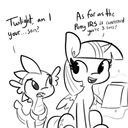 Size: 2250x2250 | Tagged: safe, artist:tjpones, spike, twilight sparkle, twilight sparkle (alicorn), alicorn, dragon, pony, ..., dialogue, ear fluff, fangs, female, grayscale, horse taxes, magic, male, mare, monochrome, open mouth, simple background, tax evasion, tax fraud, telekinesis, this will end in jail time, white background