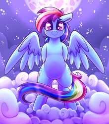 Size: 1500x1706 | Tagged: safe, artist:graphene, rainbow dash, pegasus, pony, belly, bipedal, cloud, cute, dashabetes, female, floppy ears, full moon, looking at you, mare, moon, night, plump, sky, smiling, solo, starry night, stars