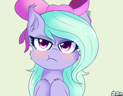 Size: 2042x1600 | Tagged: safe, artist:freefraq, flitter, bow, cute, flitterbetes, grumpy, hair bow, looking at you, madorable, pouting, simple background, solo, unamused