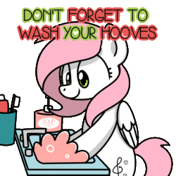 Size: 1000x1000 | Tagged: safe, artist:sugar morning, oc, oc only, oc:sugar morning, pegasus, pony, animated, bipedal, bubble, coronavirus, covid-19, cute, faucet, female, mare, ocbetes, public service announcement, simple background, sink, soap, solo, text, toothbrush, toothpaste, transparent background, washing