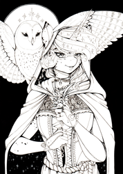 Size: 2465x3455 | Tagged: safe, artist:longinius, princess luna, alicorn, anthro, bird, owl, alternate hairstyle, bracelet, choker, cloak, clothes, female, flower, freckles, grayscale, hood, horn, horn ring, jewelry, knife, lace, looking at you, mare, monochrome, mottled coat, ribbon, snowy owl, spread wings, traditional art, wings