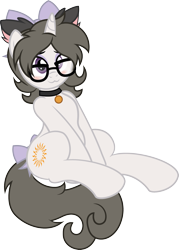 Size: 1517x2113 | Tagged: safe, artist:digiqrow, oc, oc only, oc:solaria, pony, unicorn, :3, blushing, bow, cat ears, collar, glasses, hair bow, simple background, solo, tail bow, transparent background, vector