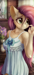 Size: 1440x3120 | Tagged: safe, alternate version, artist:alcor, fluttershy, anthro, pegasus, bow, breasts, cheek fluff, chest fluff, clothes, cute, dress, ear fluff, female, flower, hootershy, indoors, looking away, mare, shyabetes, solo, stray strand, sundress