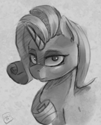 Size: 1008x1239 | Tagged: safe, artist:post-it, rarity, pony, unicorn, colored sketch, monochrome, solo