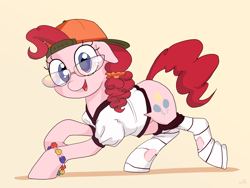 Size: 2264x1699 | Tagged: safe, artist:docwario, pinkie pie, pony, backwards ballcap, baseball cap, bracelet, cap, clothes, female, glasses, hat, jewelry, mare, simple background, solo