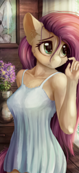 Size: 1440x3120 | Tagged: safe, alternate version, artist:alcor, fluttershy, anthro, pegasus, breasts, cheek fluff, chest fluff, clothes, cute, dress, ear fluff, female, flower, hootershy, indoors, looking away, mare, nightgown, shyabetes, solo, stray strand