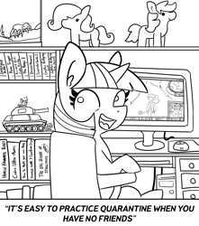 Size: 2250x2550 | Tagged: safe, artist:tjpones, twilight sparkle, unicorn twilight, human, pony, spider, unicorn, alone, black and white, computer, computer mouse, coronavirus, covid-19, drive me closer, female, gallabuse, grayscale, horse puns, isolation, lineart, mare, meme, mmo, monochrome, plushie, quarantine, resident evil, solo, talking to viewer, tank (vehicle), warhammer (game), warhammer 40k