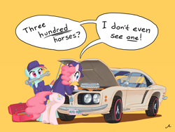 Size: 4800x3600 | Tagged: safe, artist:docwario, pinkie pie, rainbow dash, earth pony, pegasus, pony, absurd resolution, car, clothes, dialogue, engine, female, hat, mare, mechanic, mouth hold, simple background, speech bubble, toolbox, wrench