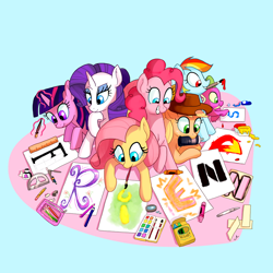 Size: 1000x1000 | Tagged: safe, artist:docwario, applejack, fluttershy, pinkie pie, rainbow dash, rarity, spike, twilight sparkle, dragon, earth pony, pegasus, pony, unicorn, glowing horn, magic, mane seven, mane six, mouth hold, paintbrush, painting, telekinesis