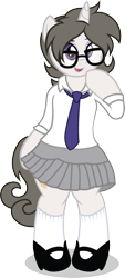 Size: 1048x2311 | Tagged: safe, artist:digiqrow, oc, oc only, oc:solaria, pony, semi-anthro, unicorn, clothes, cute, female, glasses, high heels, mare, mary janes, necktie, pleated skirt, school uniform, schoolgirl, shoes, simple background, skirt, skirt lift, socks, solo, transparent background, vector